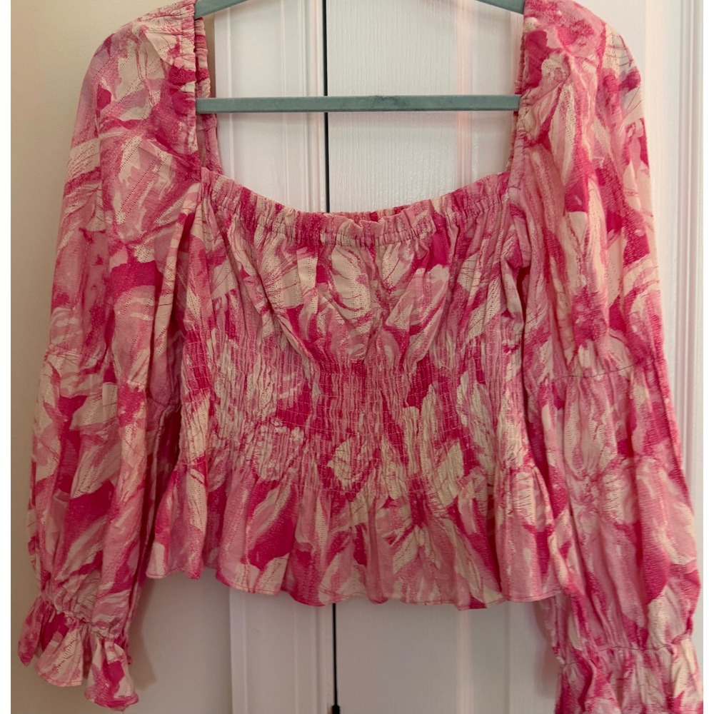 Olivaceous Pink Floral Smocked Puff Sleeve Cotton Blouse Top Medium S#2201-339LT
